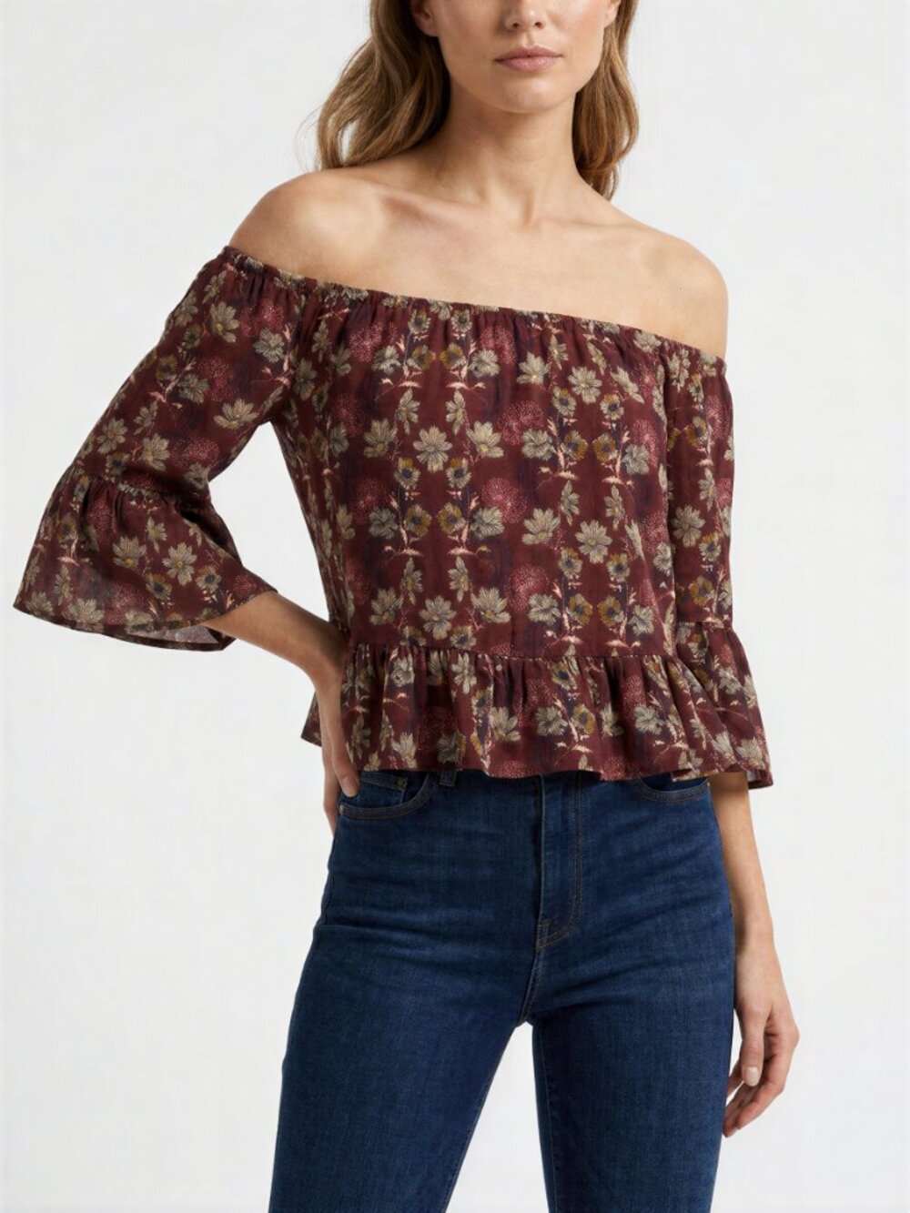 Alya‎ Floral Print Top Burgundy Red 3/4 Bell Sleeve Off Shoulder Blouse Small